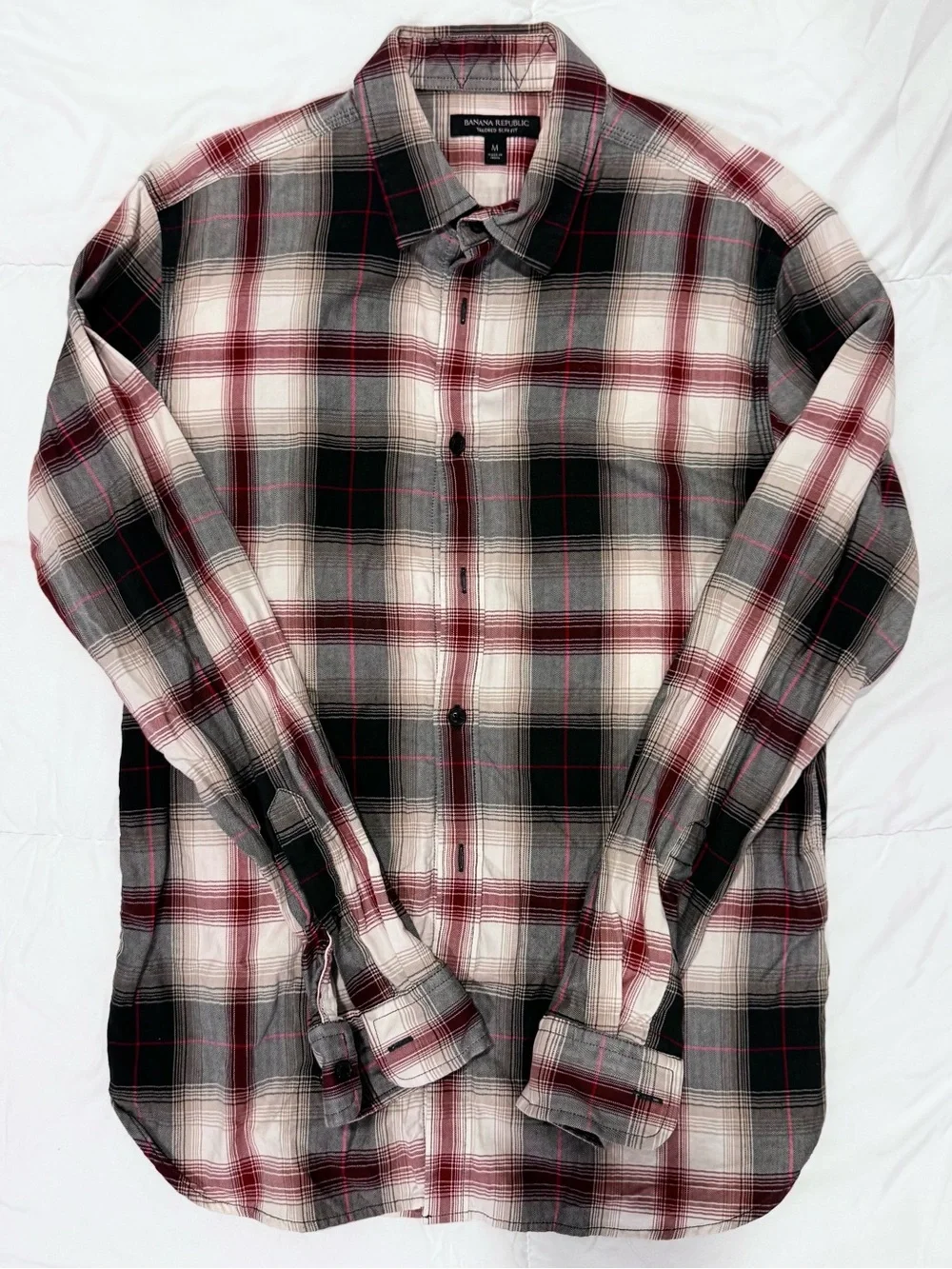 Red, Black & Beige Plaid Button-Down Flannel